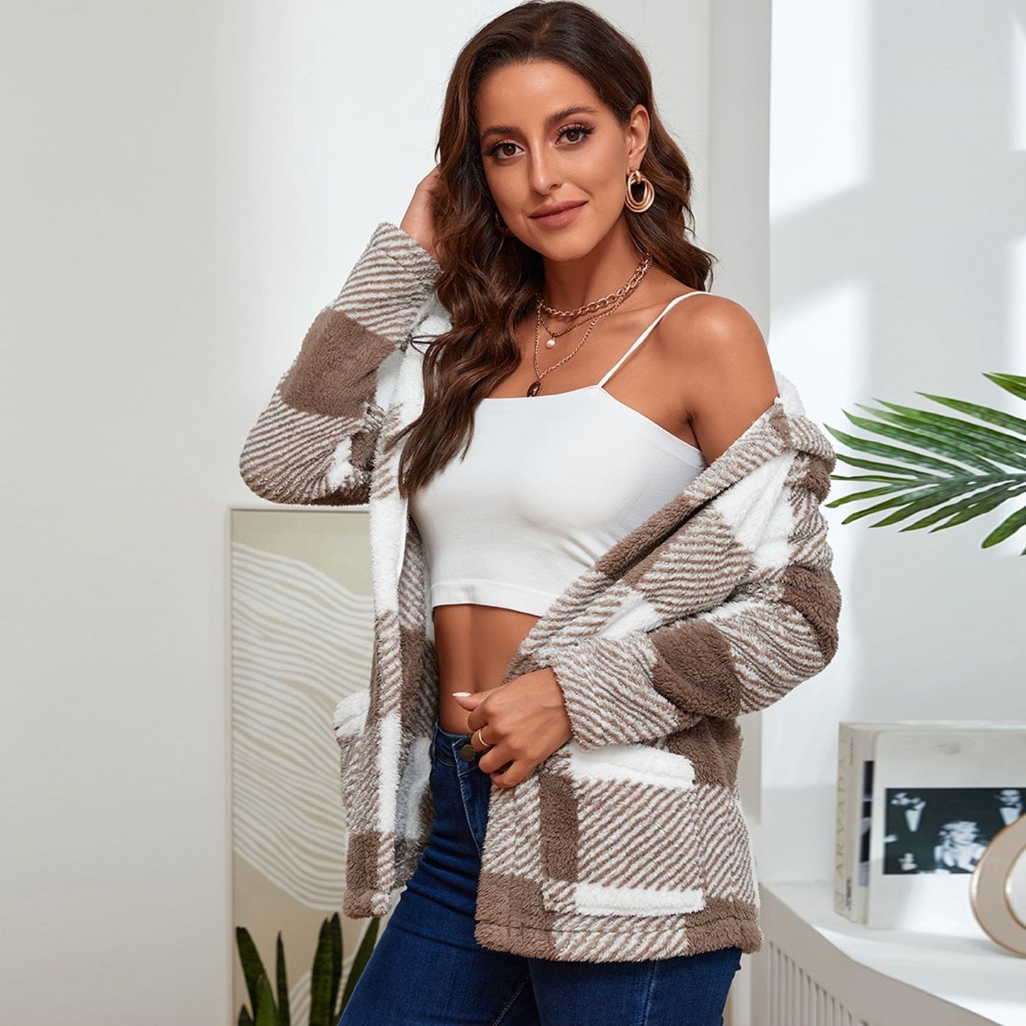 Plaid Fuzzy Open Front Jacket