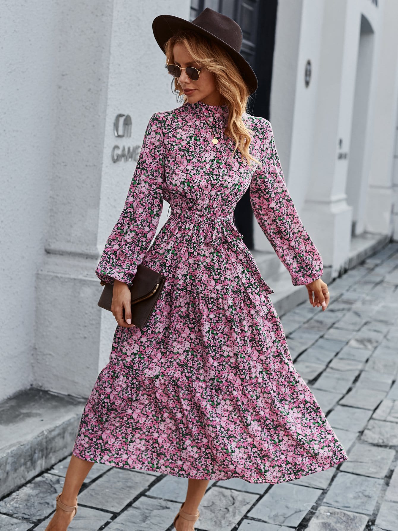 High Neck Floral Vintage Dress