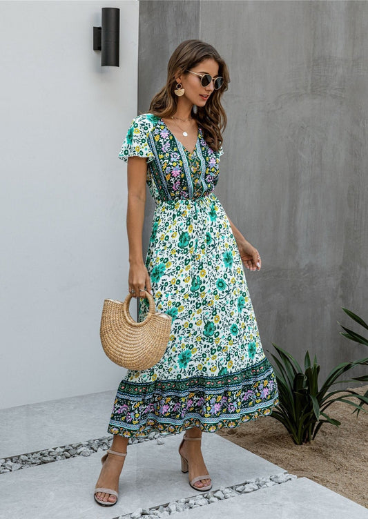 Button Detail Bohemian Floral Dress