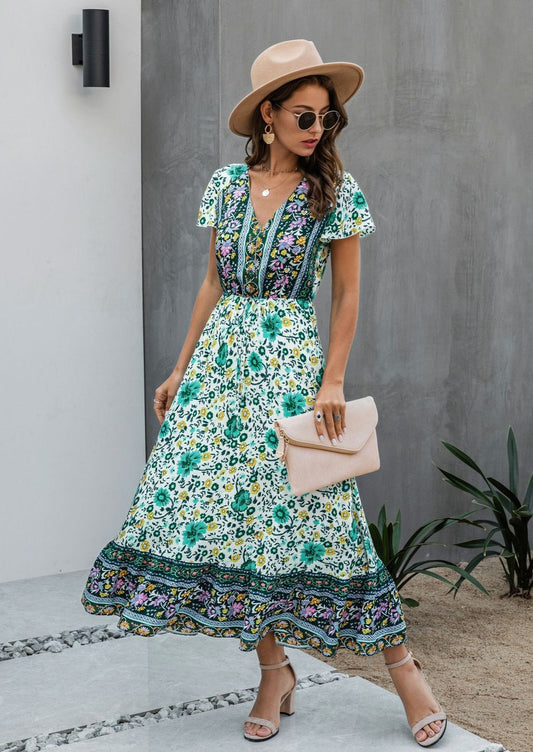 Button Detail Bohemian Floral Dress