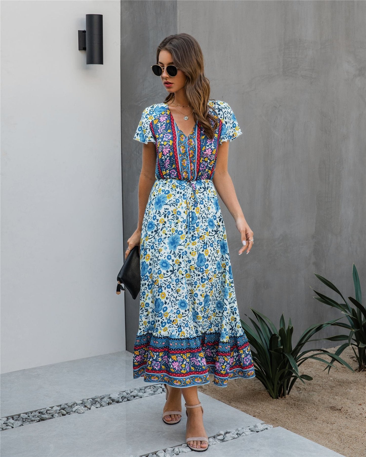 Button Detail Bohemian Floral Dress