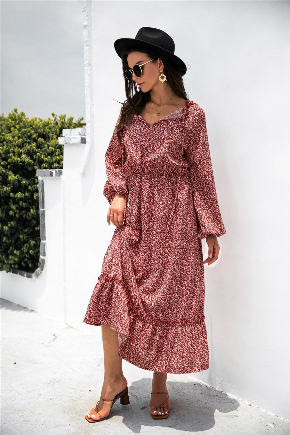 Tie Neck Ruffle Hem Dress