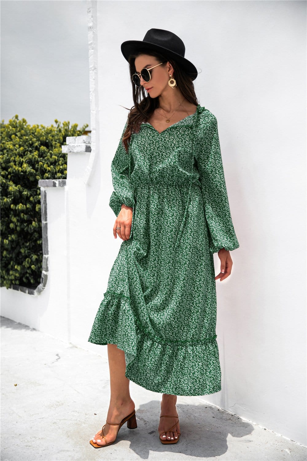 Tie Neck Ruffle Hem Dress