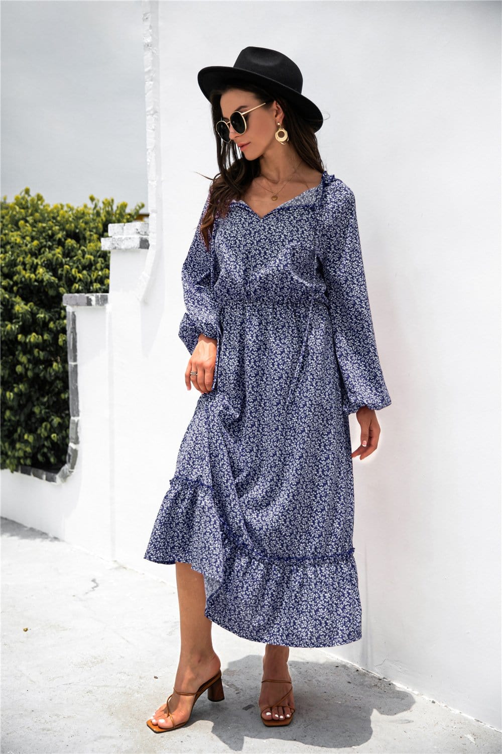 Tie Neck Ruffle Hem Dress