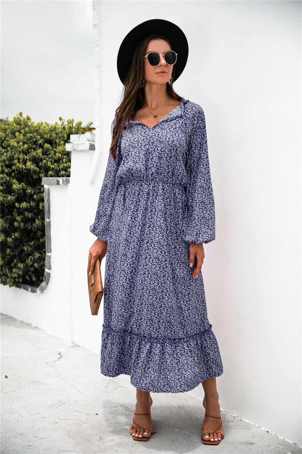 Tie Neck Ruffle Hem Dress