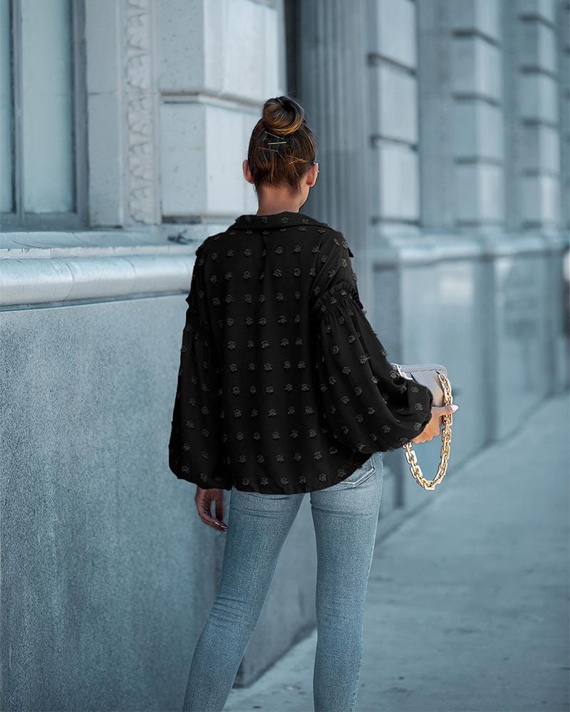 Swiss Dot Bishop Sleeve Button Blouse