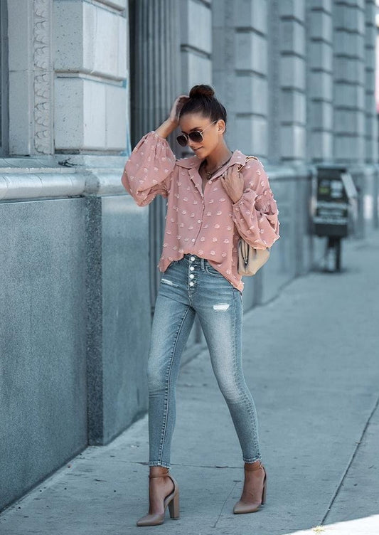 Swiss Dot Bishop Sleeve Button Blouse