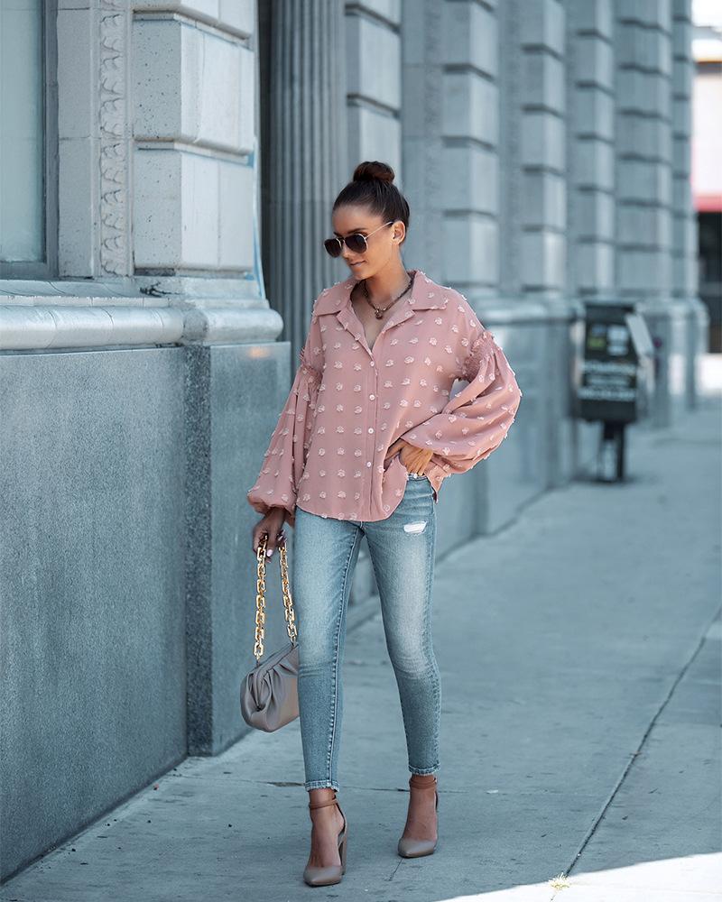 Swiss Dot Bishop Sleeve Button Blouse