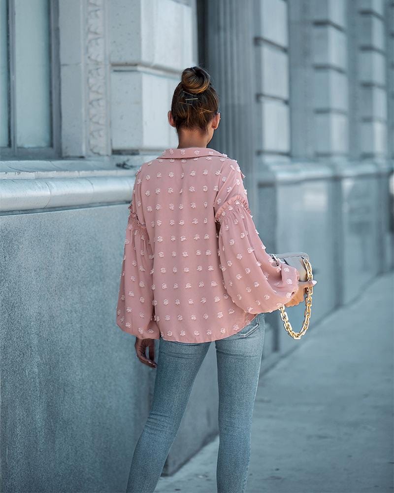 Swiss Dot Bishop Sleeve Button Blouse