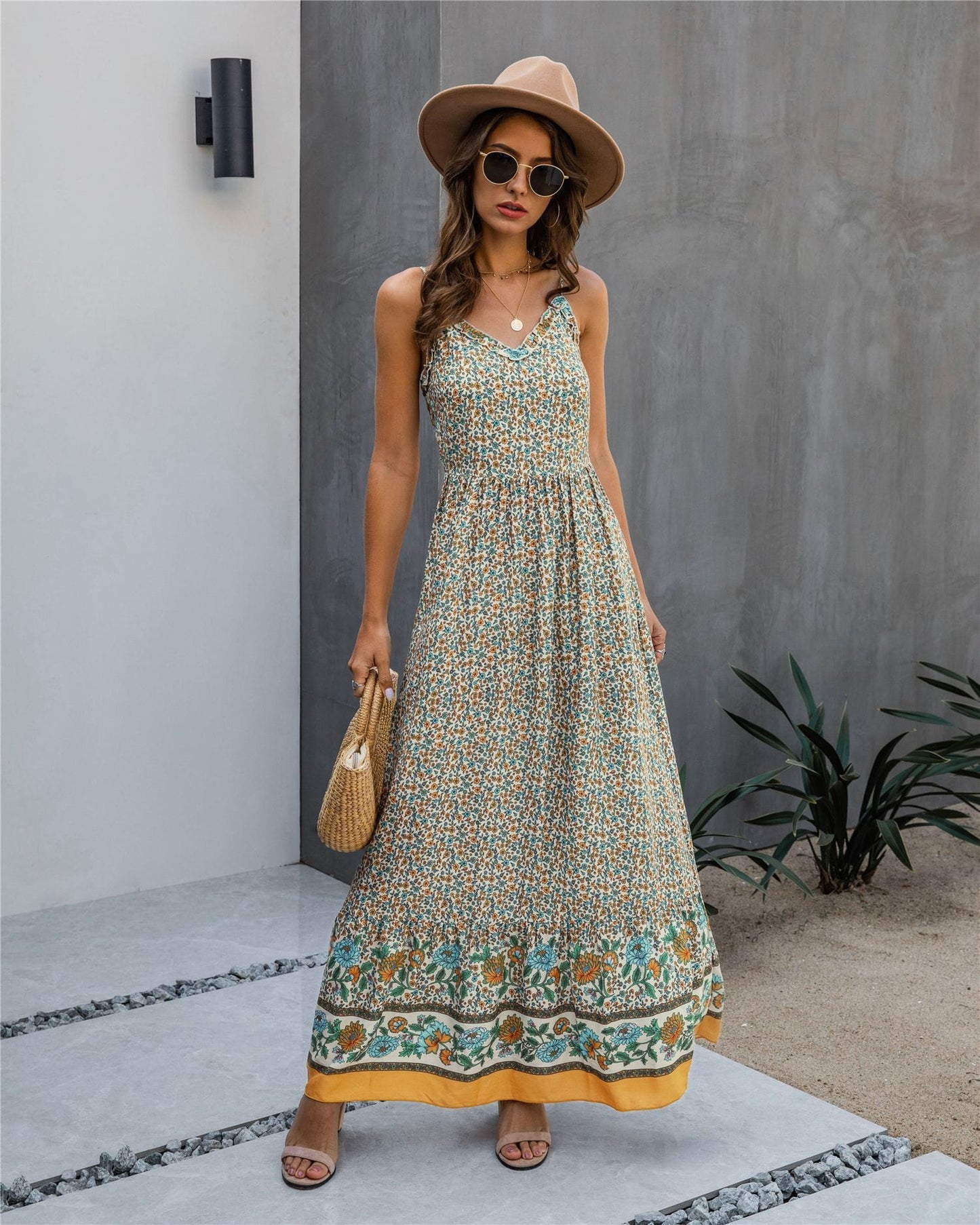 Floral Print V Neck Maxi Dress