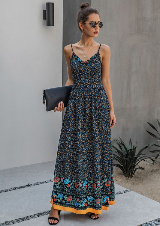 Floral Print V Neck Maxi Dress