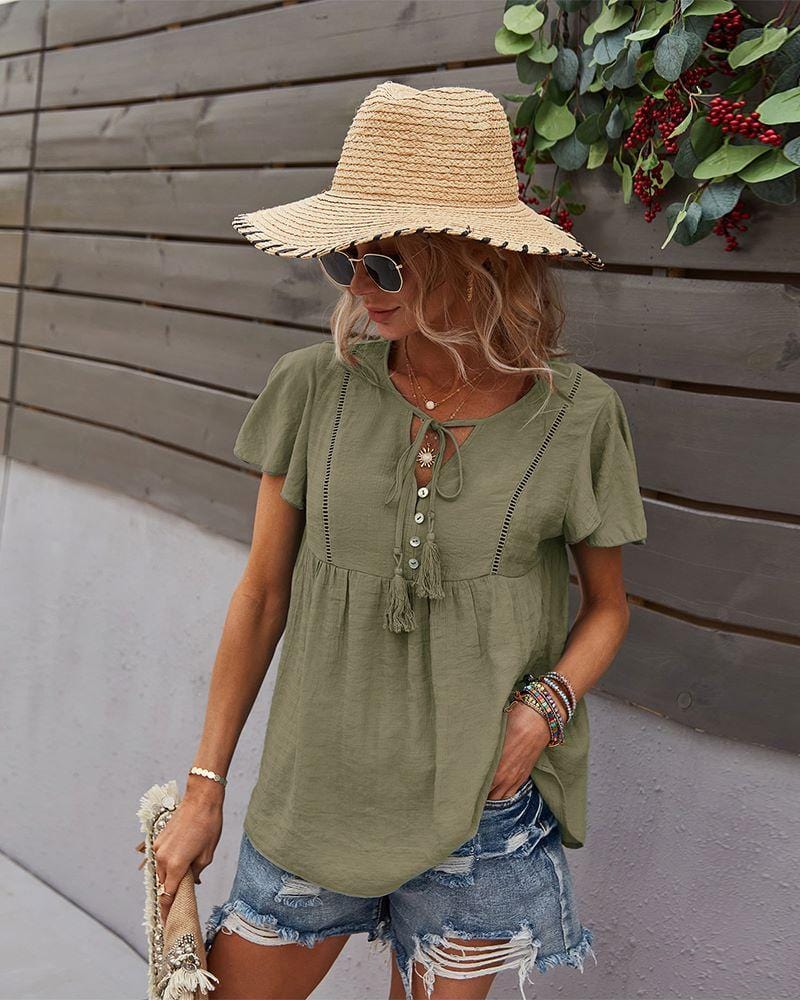 Tie Neck Flowy Sleeve Blouse