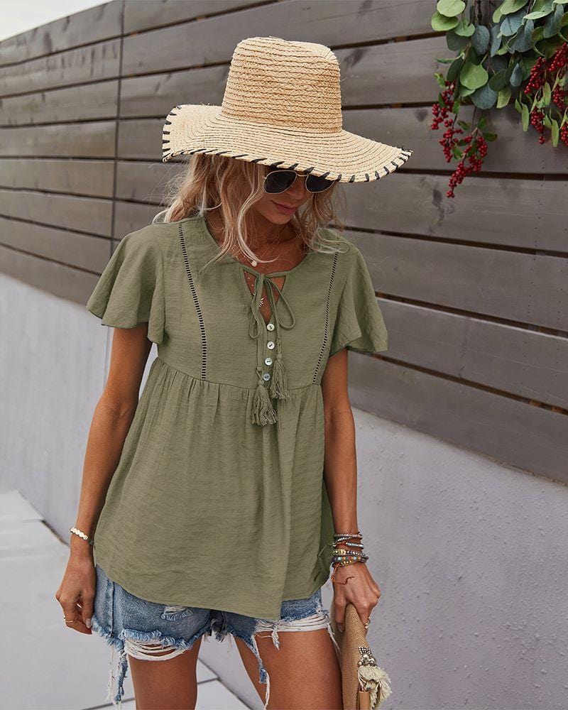 Tie Neck Flowy Sleeve Blouse