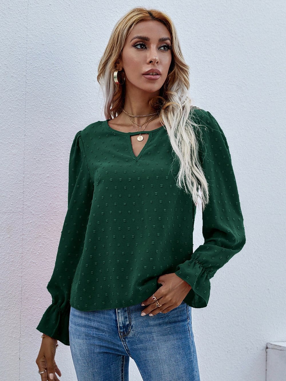 Swiss Dot Cutout Front Blouse