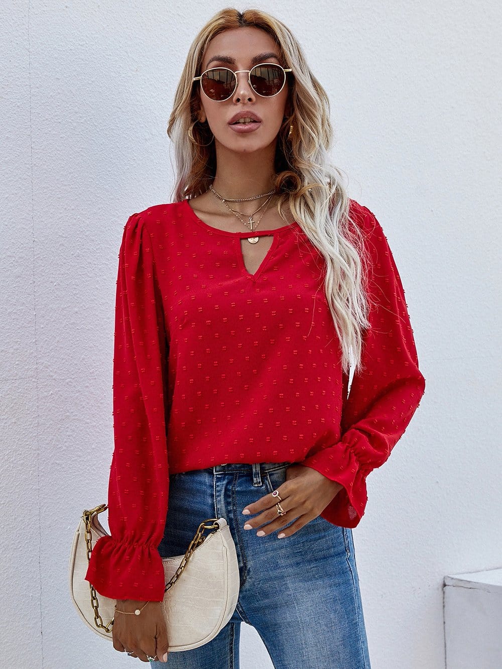 Swiss Dot Cutout Front Blouse