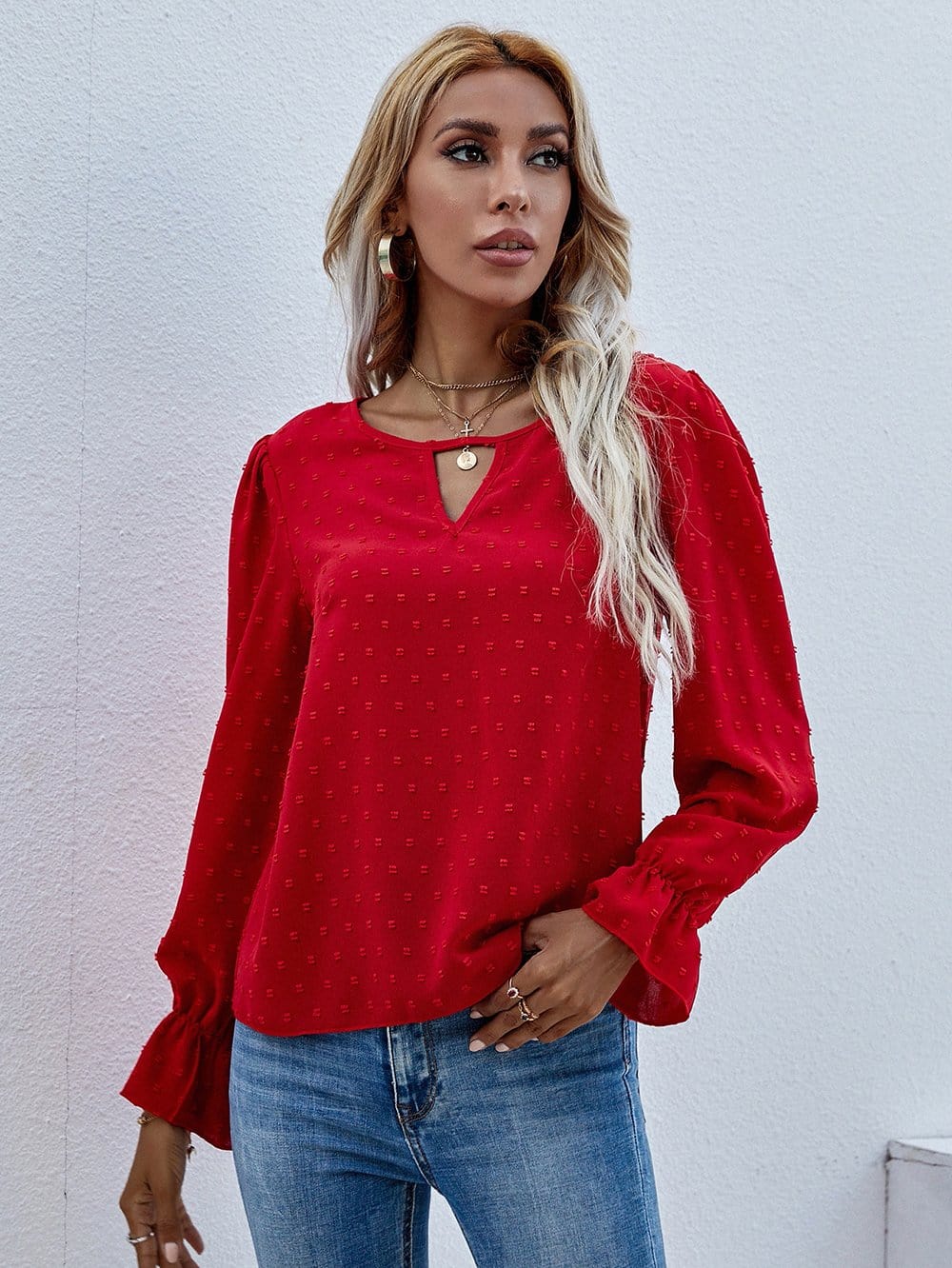 Swiss Dot Cutout Front Blouse