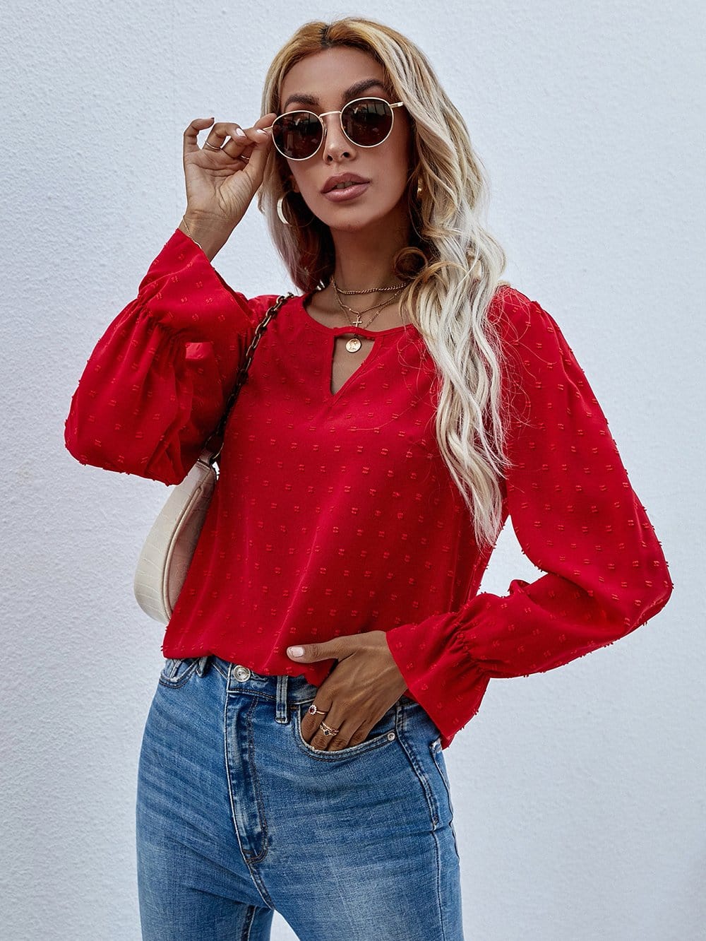Swiss Dot Cutout Front Blouse