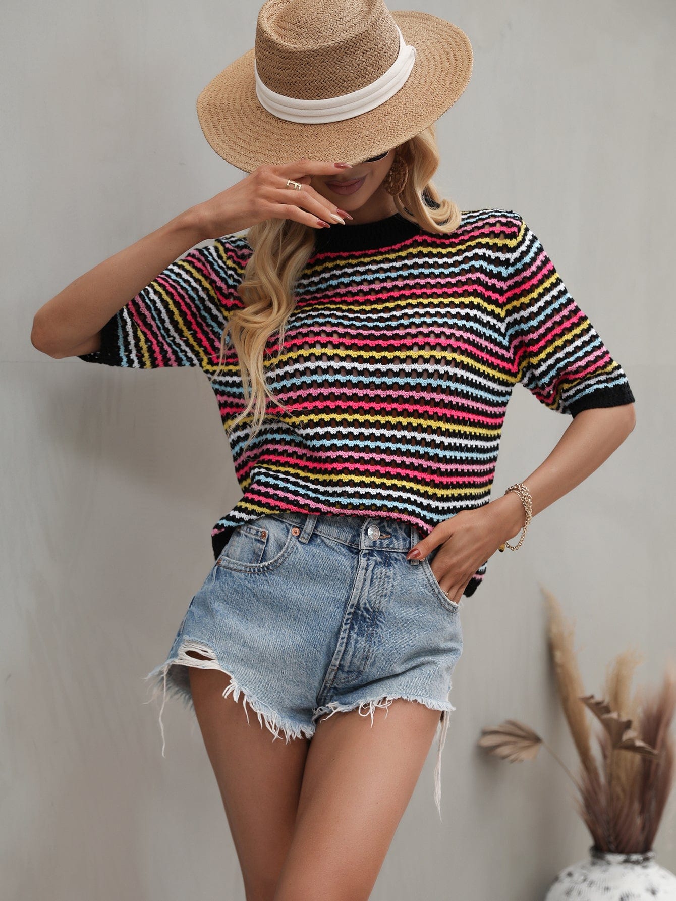Multicolor Eyelet Knit Blouse