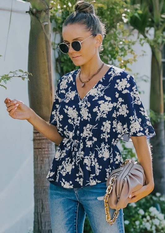 Floral Button Detail Peplum Blouse