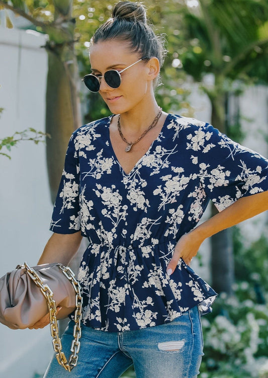 Floral Button Detail Peplum Blouse