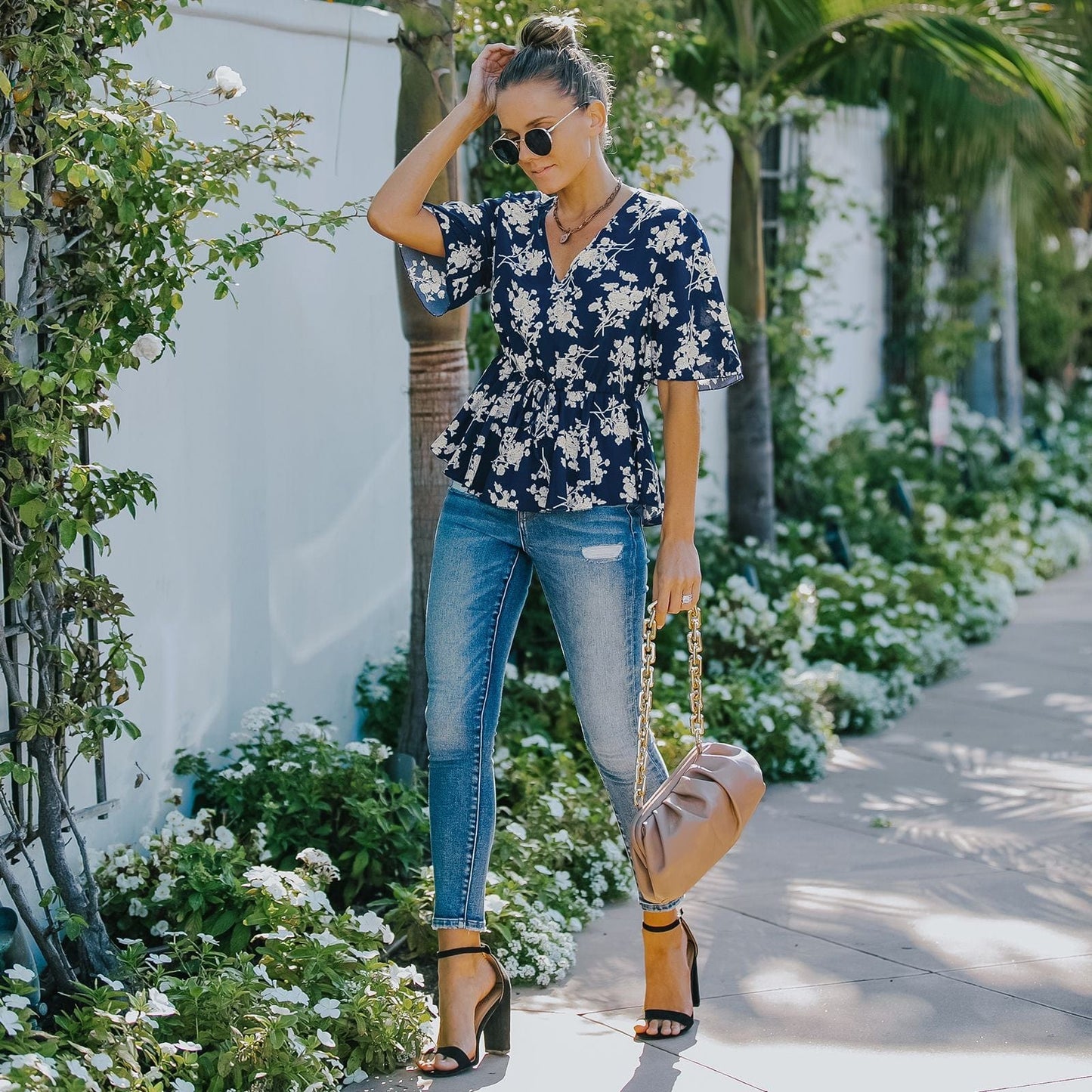 Floral Button Detail Peplum Blouse