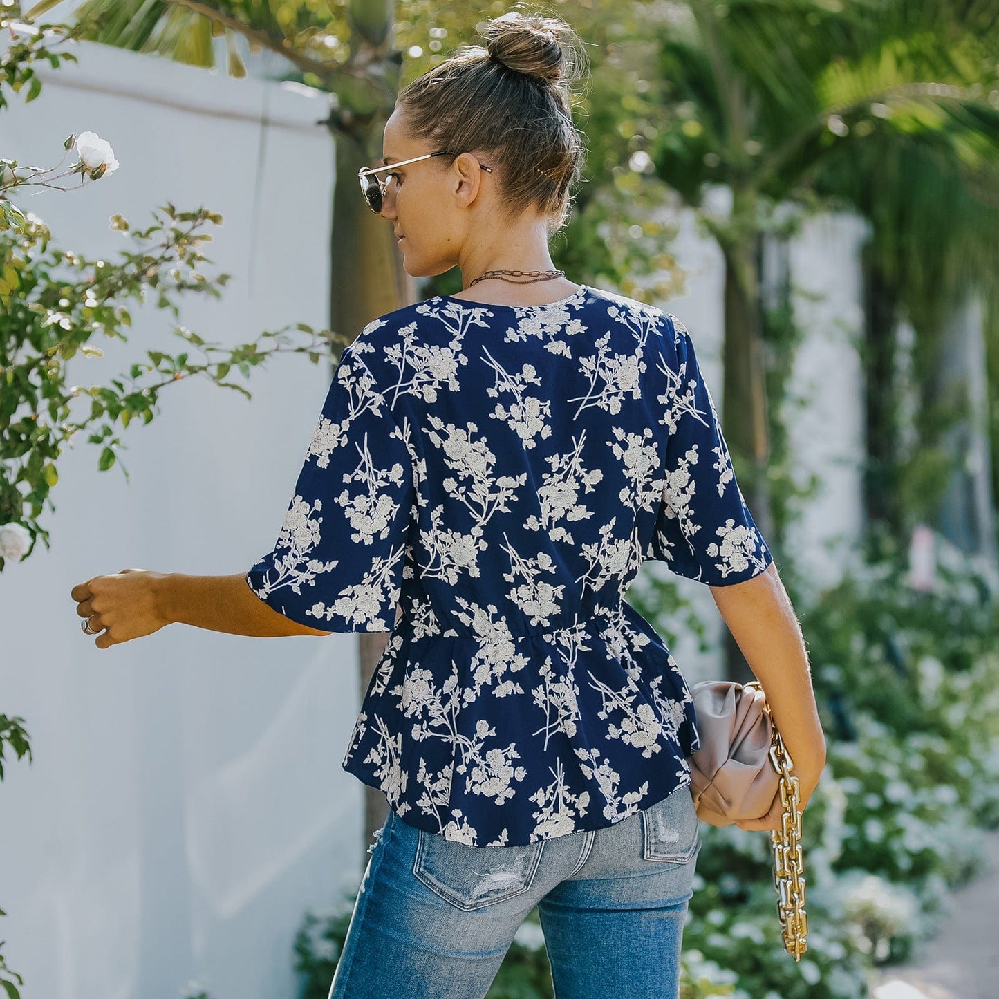 Floral Button Detail Peplum Blouse