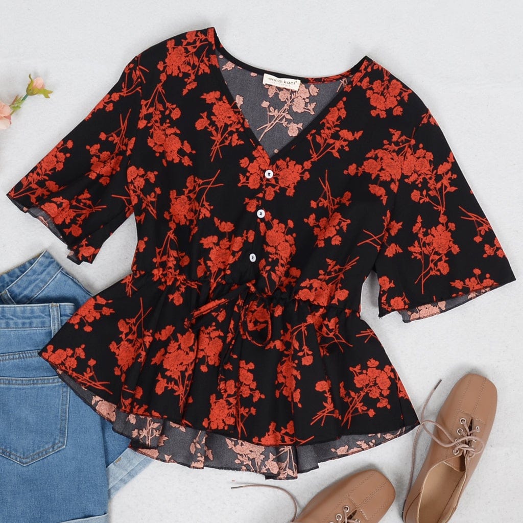 Floral Button Detail Peplum Blouse