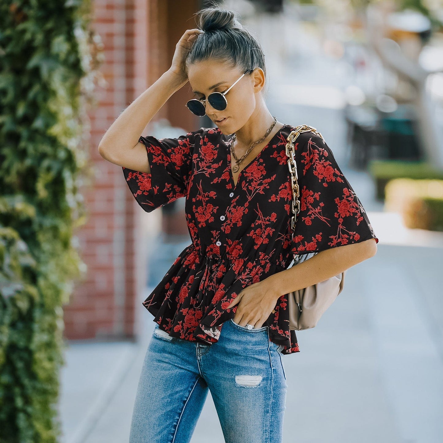 Floral Button Detail Peplum Blouse