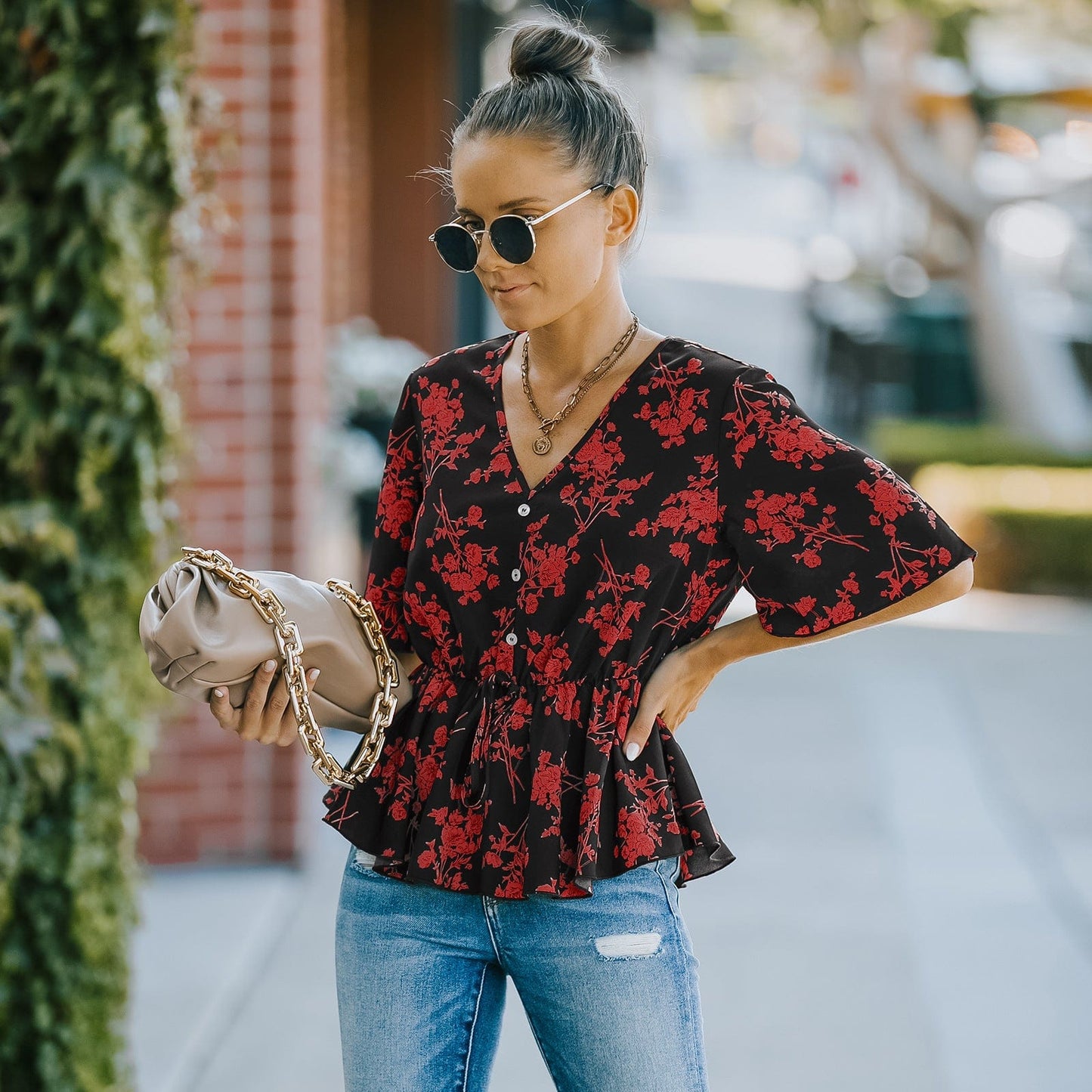 Floral Button Detail Peplum Blouse