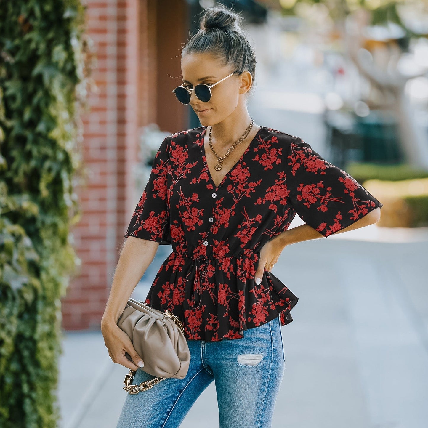 Floral Button Detail Peplum Blouse