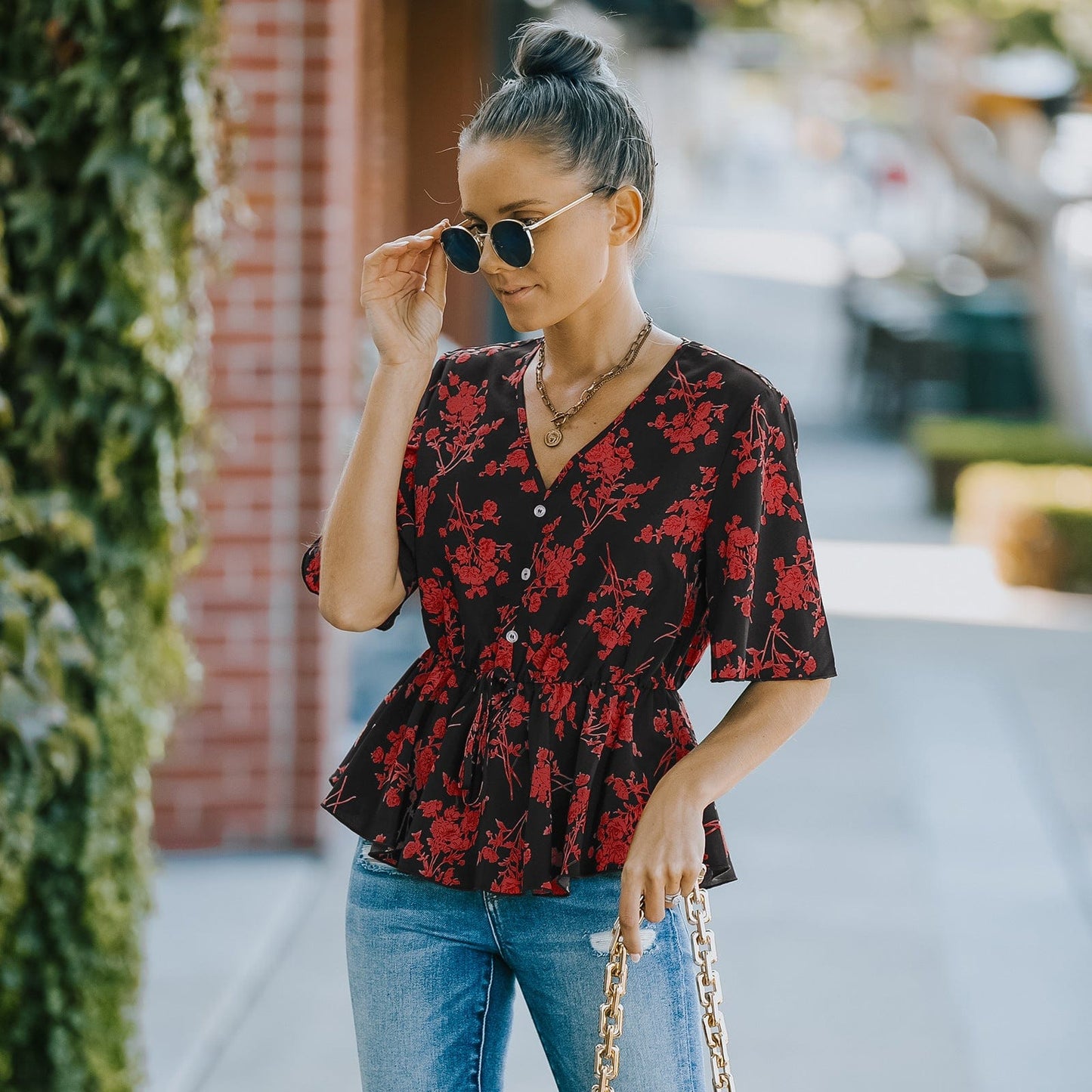 Floral Button Detail Peplum Blouse