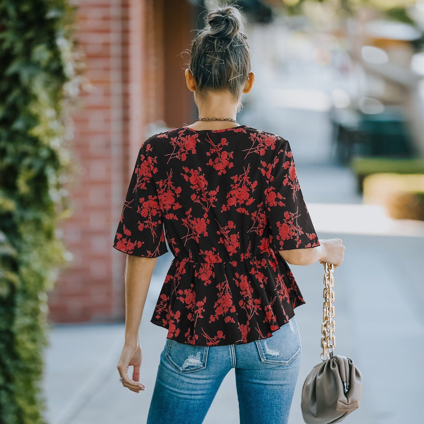 Floral Button Detail Peplum Blouse