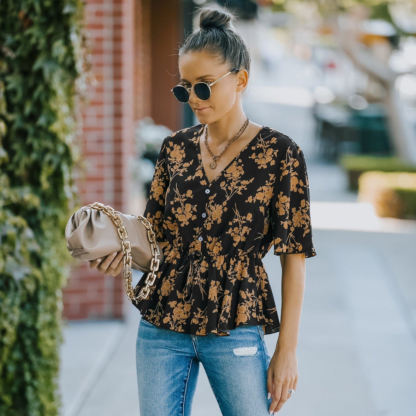 Floral Button Detail Peplum Blouse