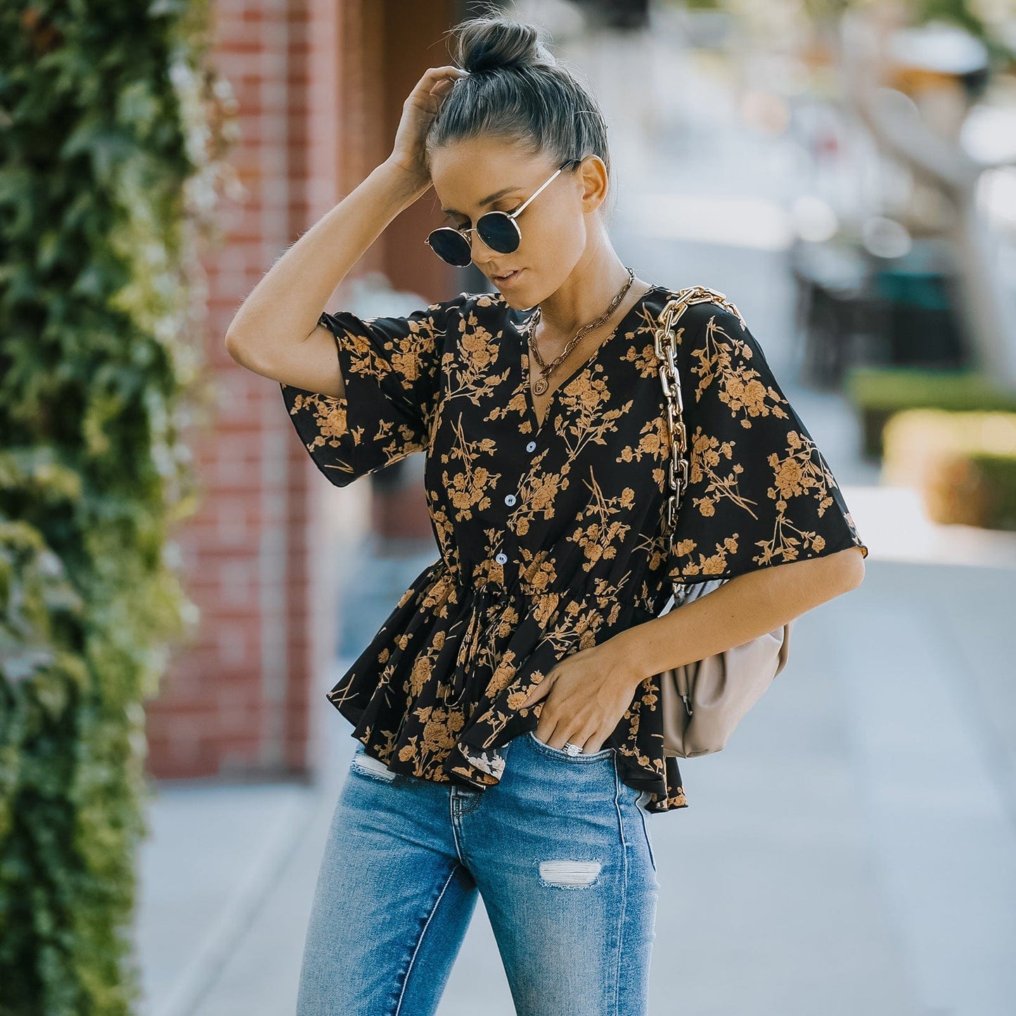 Floral Button Detail Peplum Blouse
