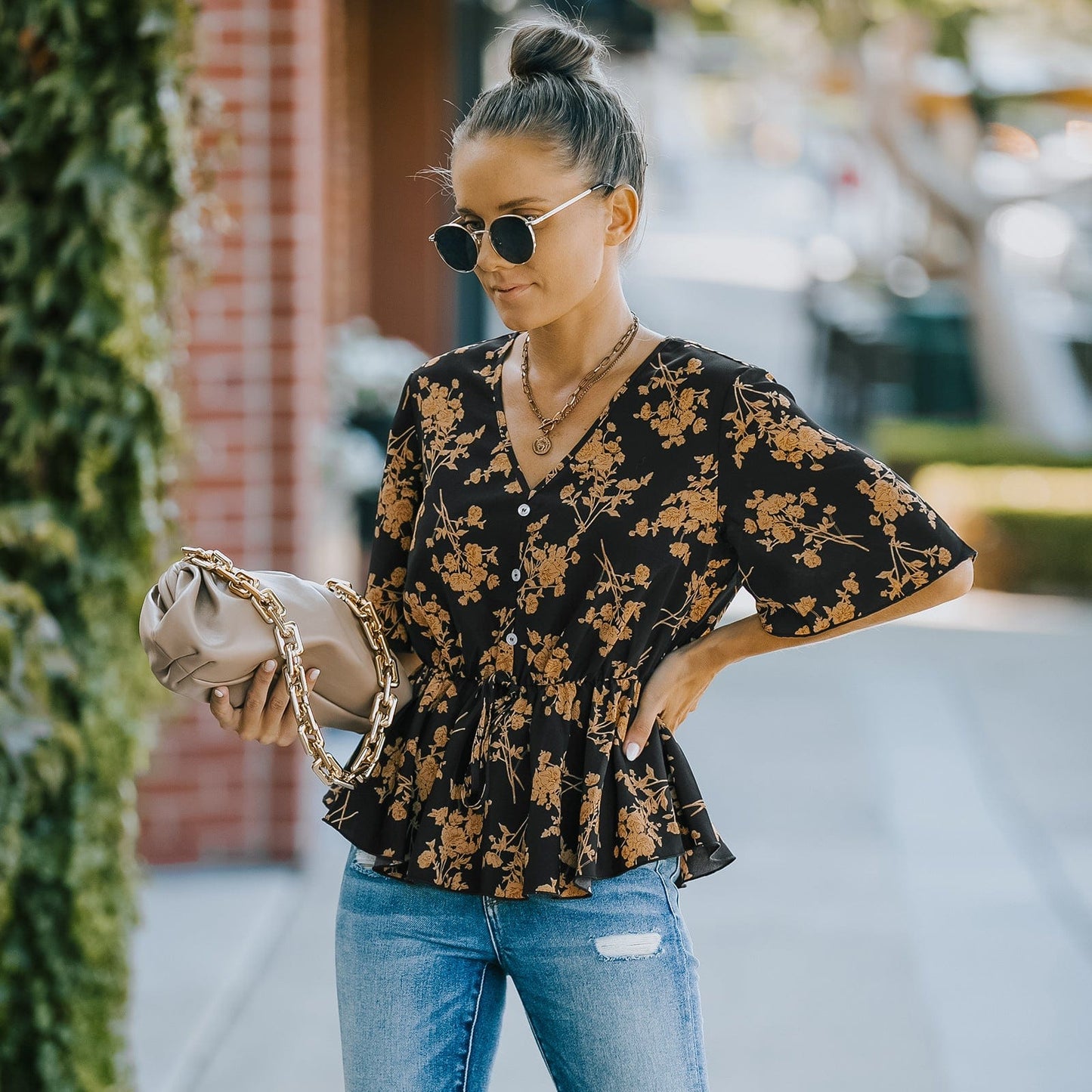 Floral Button Detail Peplum Blouse