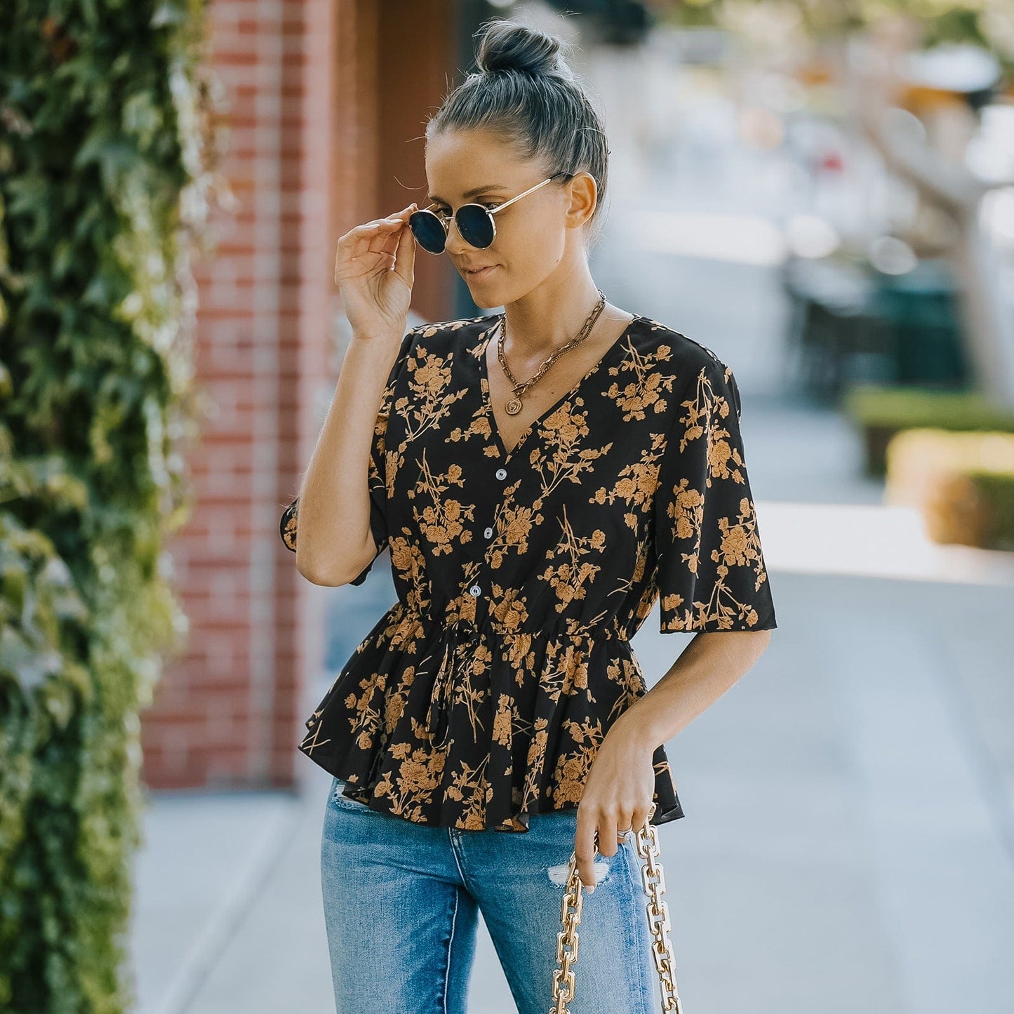 Floral Button Detail Peplum Blouse