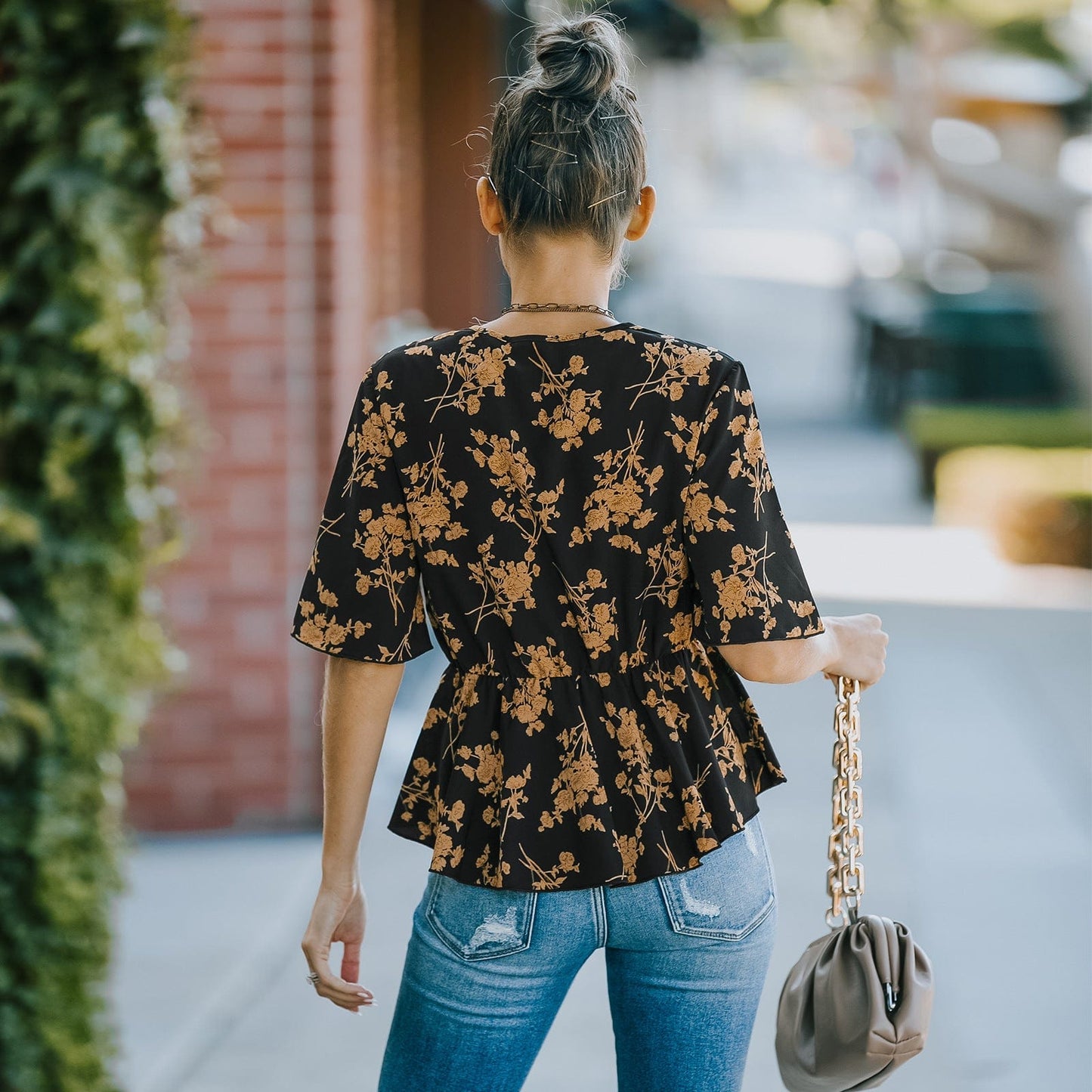 Floral Button Detail Peplum Blouse