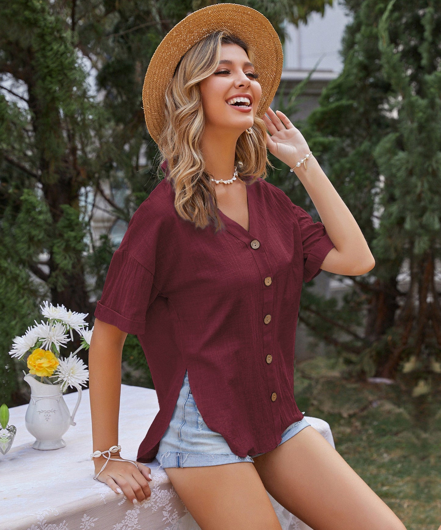 Contrast Button Side Slit Blouse
