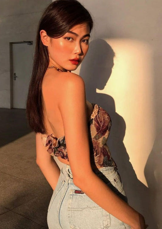 Novelty Floral Jacquard Strapless Asymmetrical Top