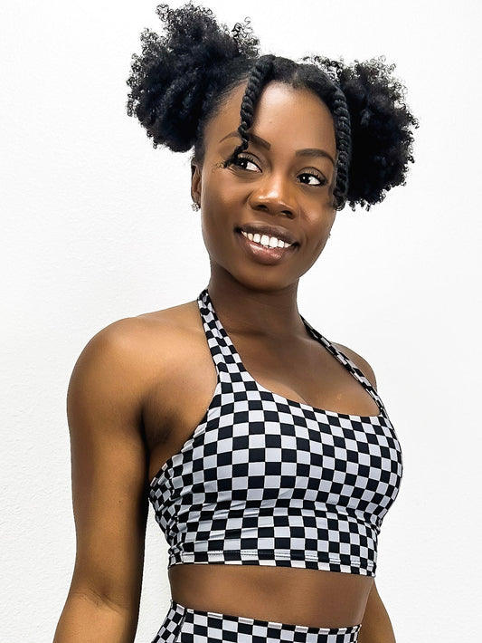 Checkered Longline Halter Sports Bra