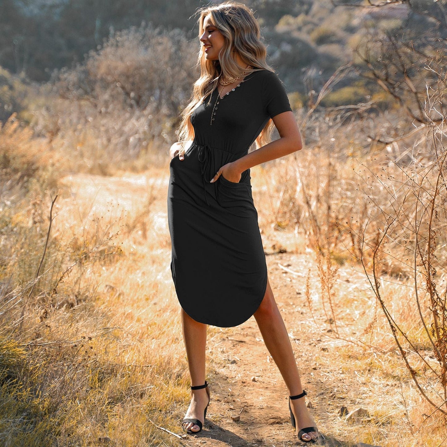 Rounded Hem Henley Shirt Dress