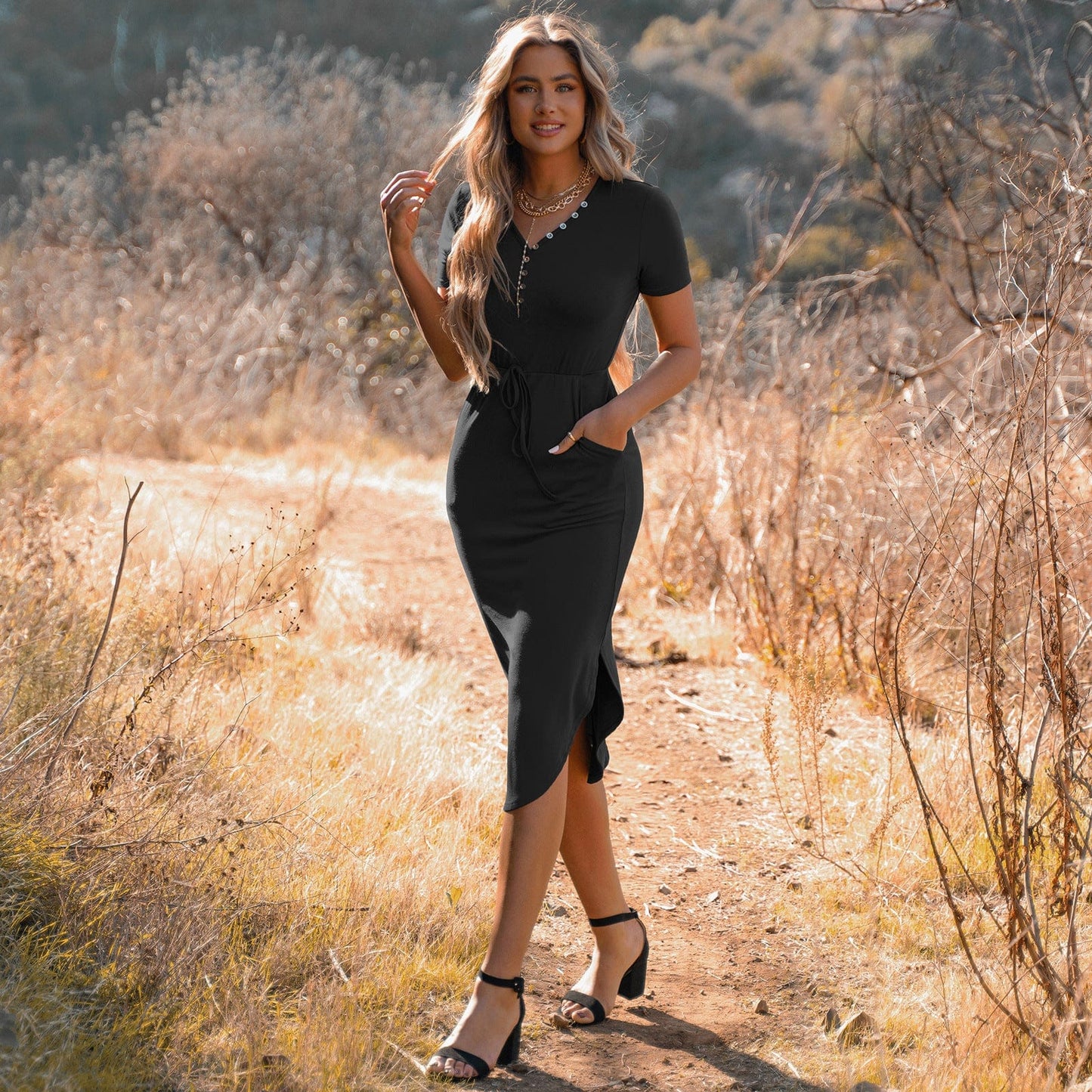 Rounded Hem Henley Shirt Dress
