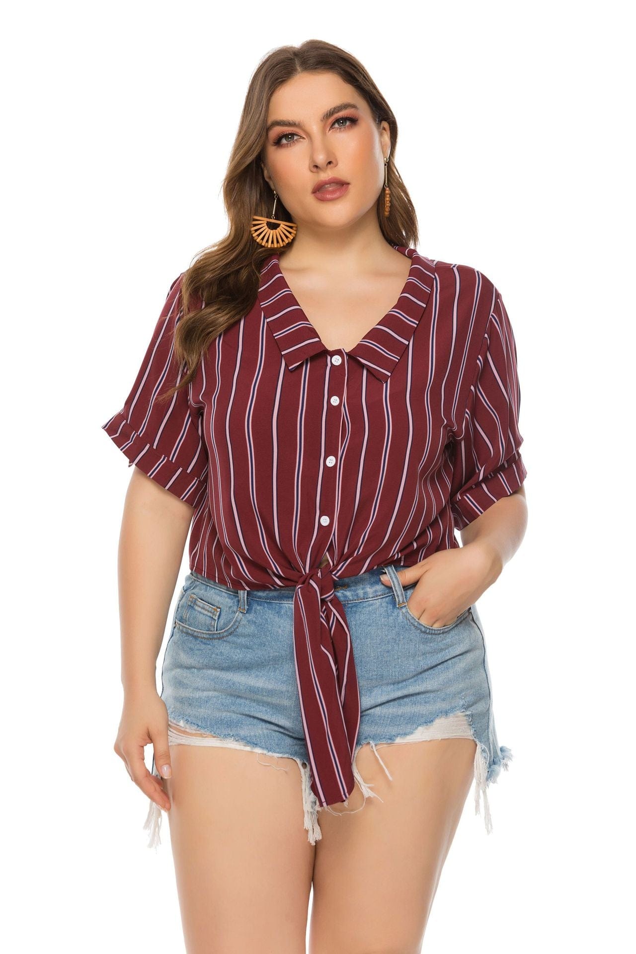 Plus Size Curvy Knot Hem Button Down Polo
