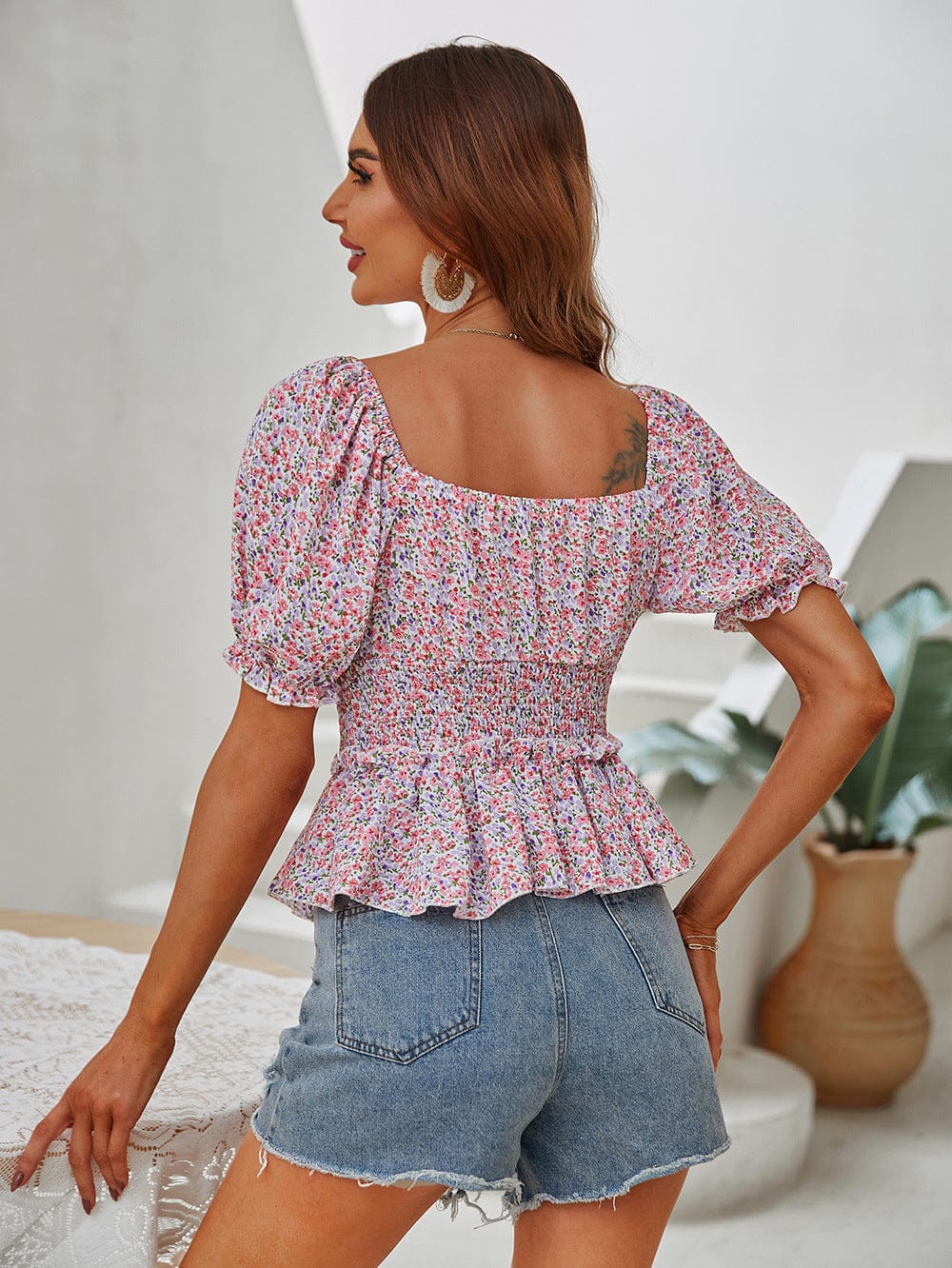 Floral Shirred Waist Peplum Top