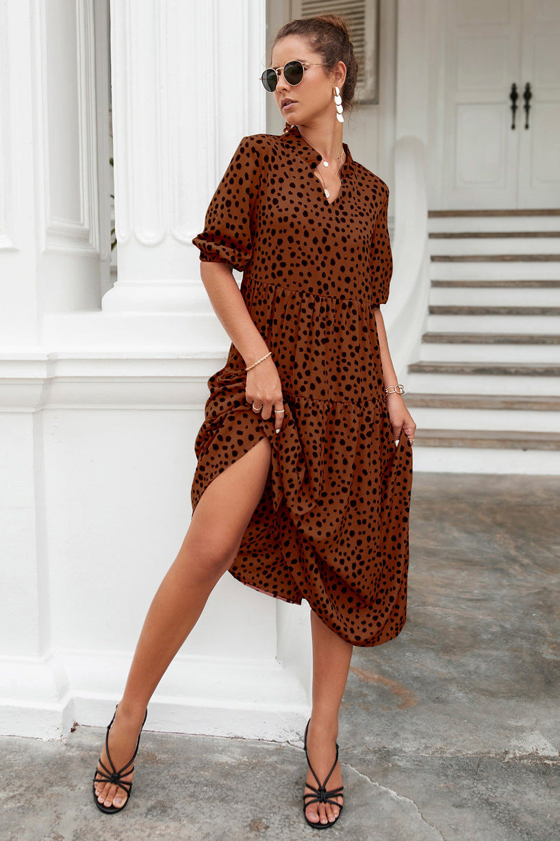 Stand Collar Cheetah Print Dress