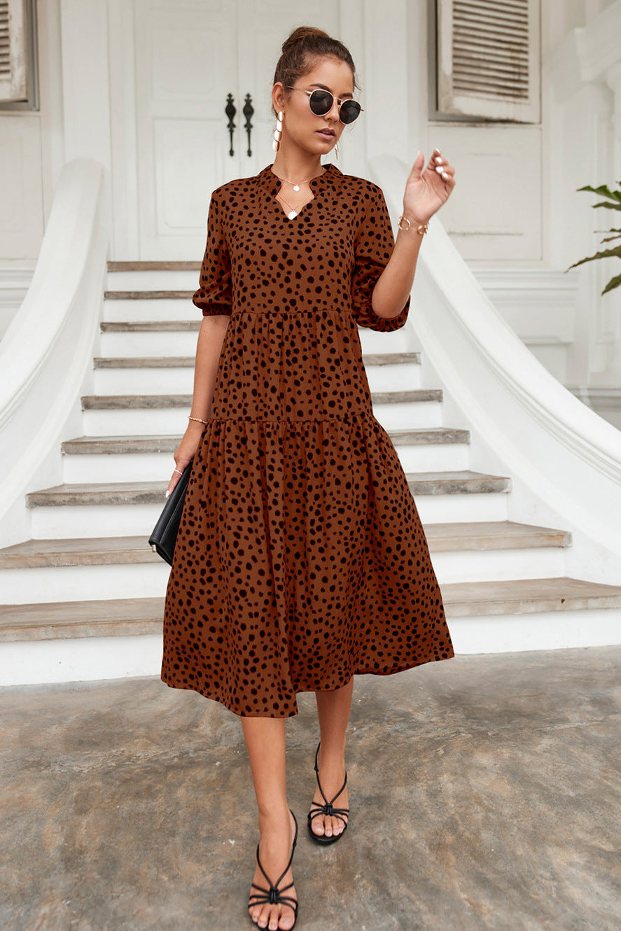 Stand Collar Cheetah Print Dress