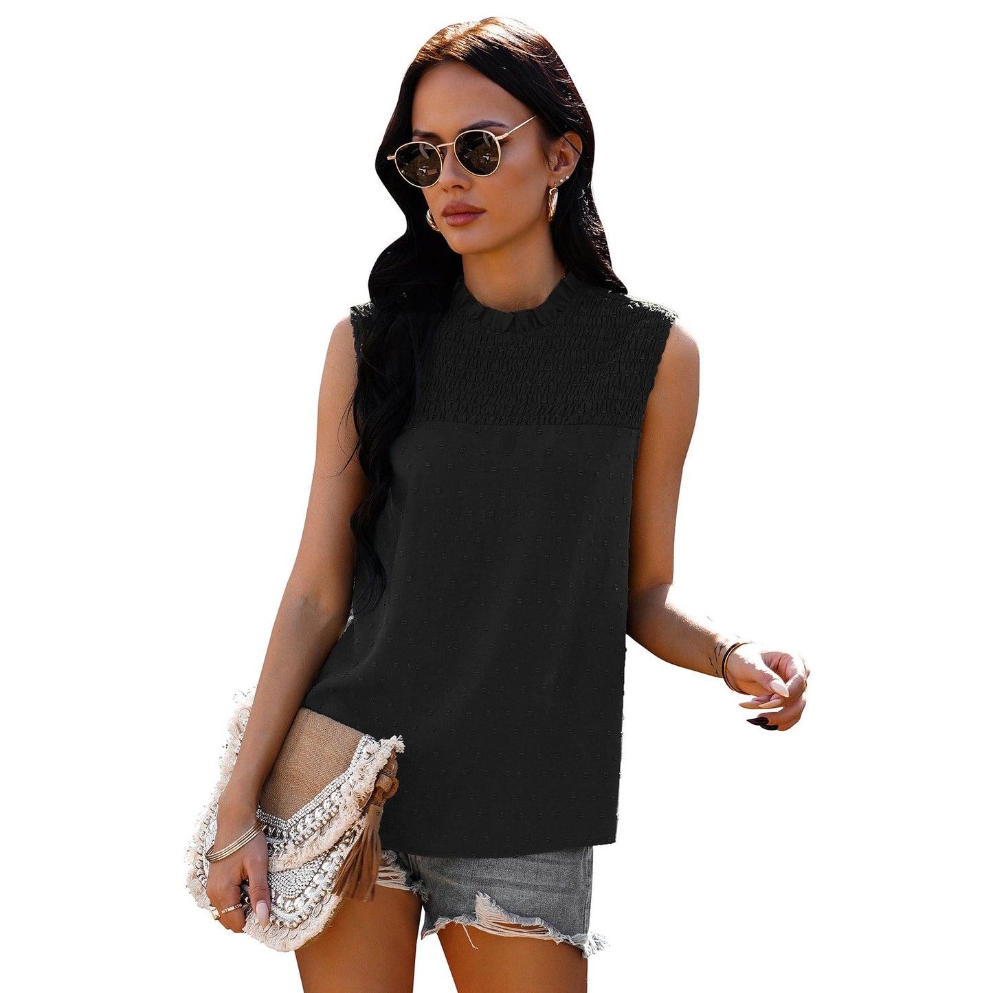 Shirred Front Ruffle Neck Blouse