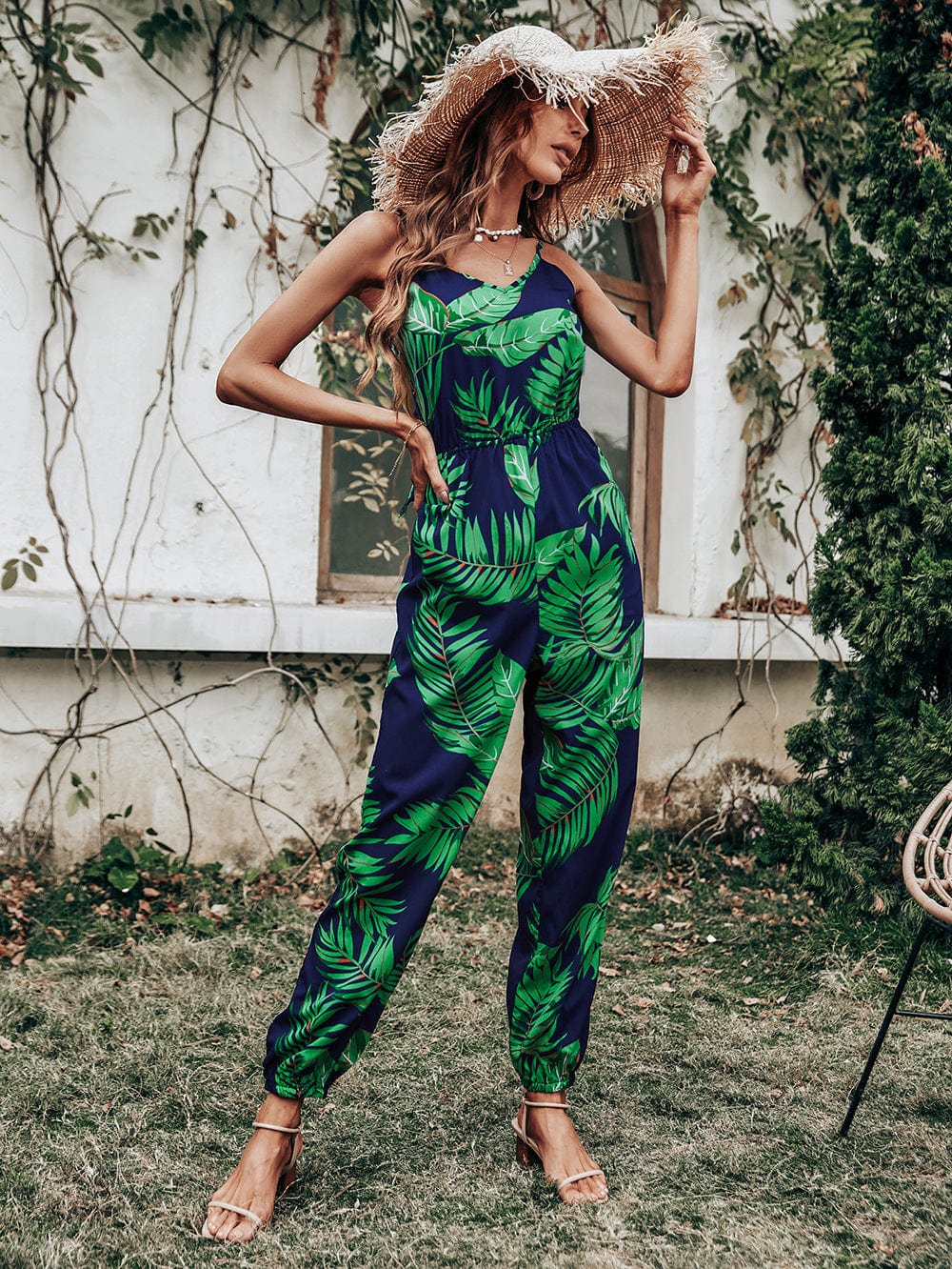 Tropical Print Tie Back Jumpsuit