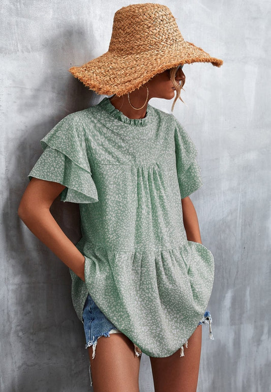 Ruffle Neck Tiered Light Blouse