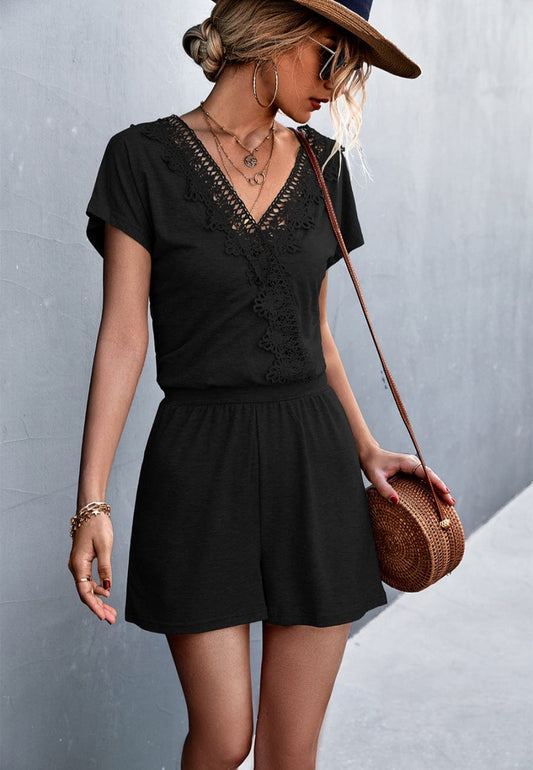 Lace Trim Surplice Neck Romper